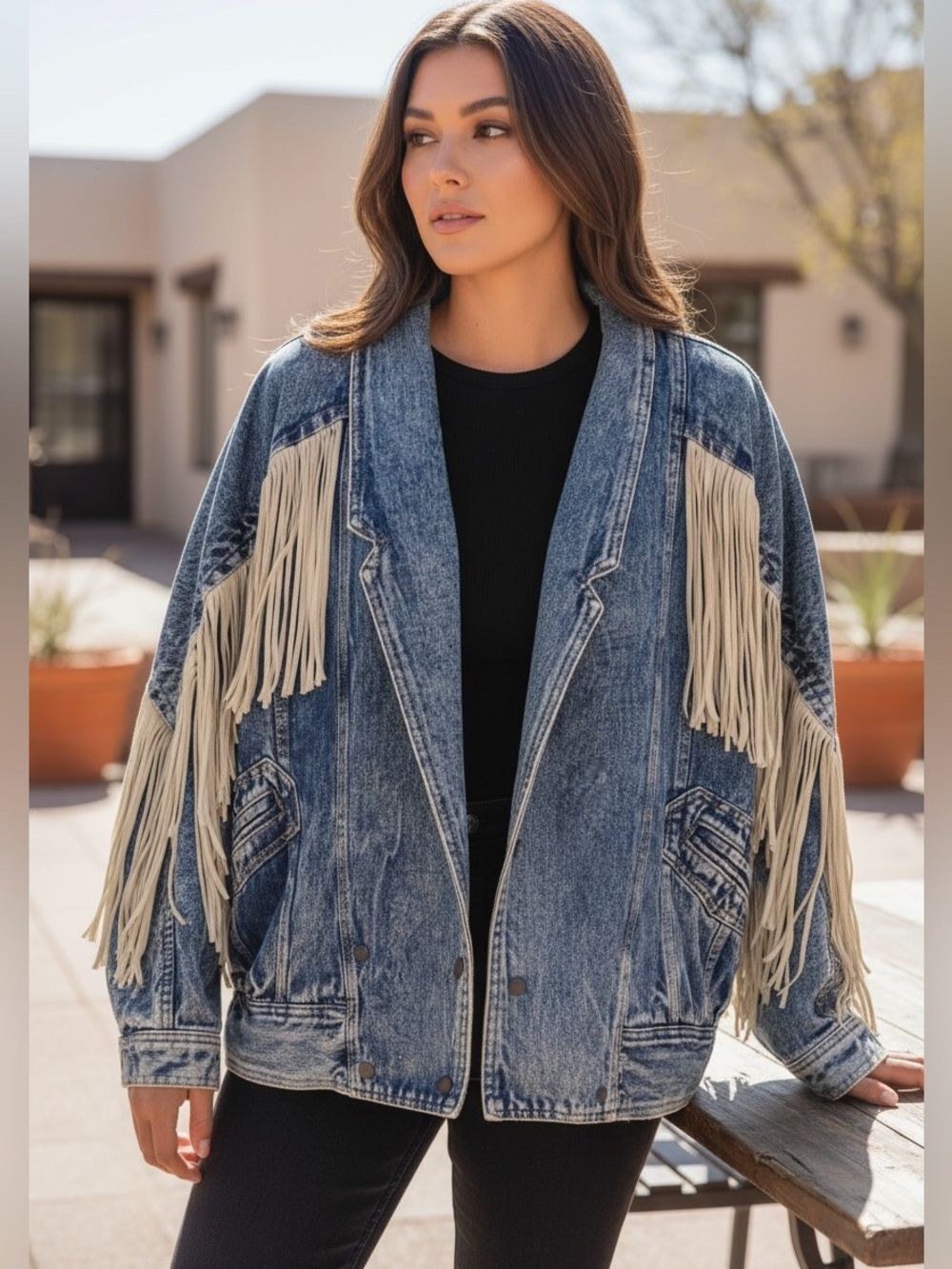 Prezzia Women's Vintage Fringed Acid Wash Leather Trim Denim Jacket Size S